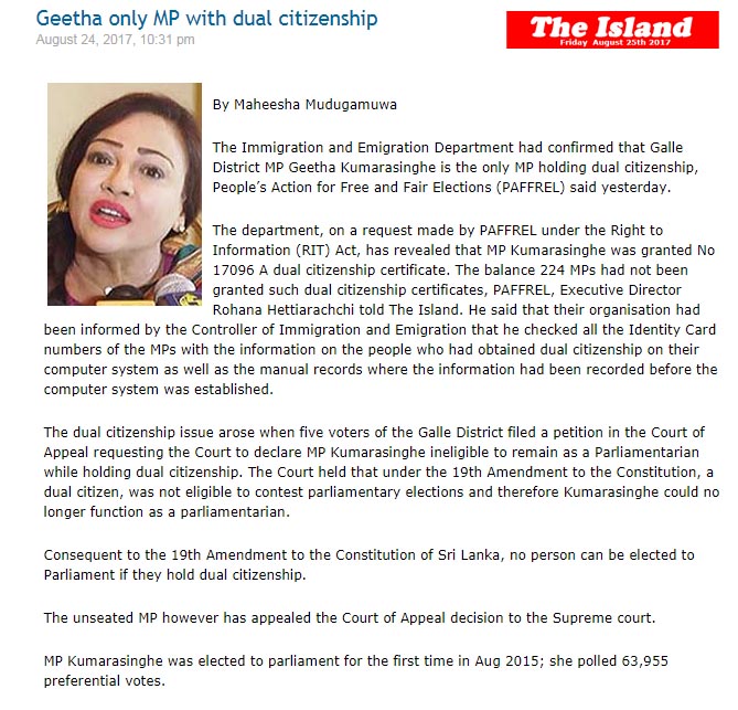 Geetha only MP with dual citizenship - By Maheesha Mudugamuwa